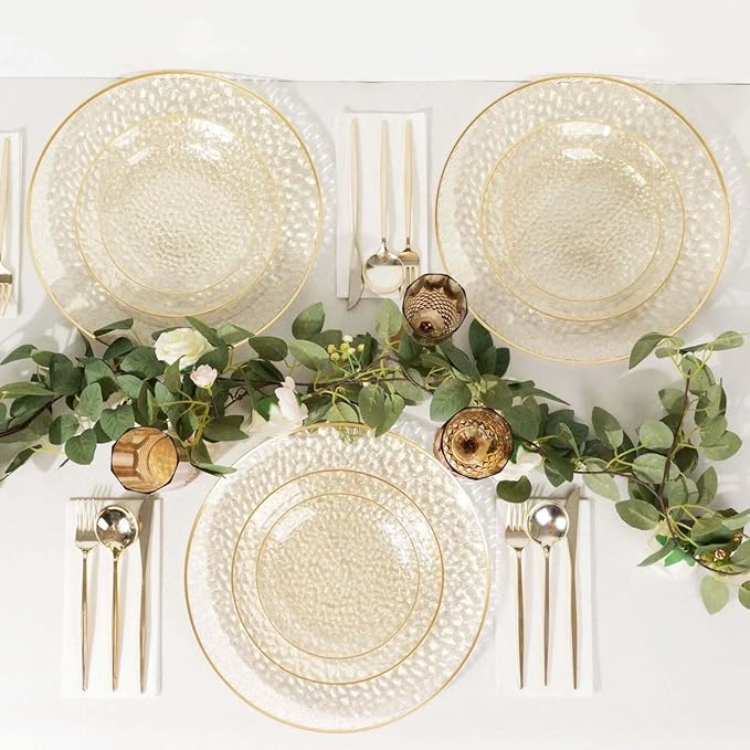 Efavormart 10 Pack Glitter Gold Clear Hammered Plastic Charger Plates, Round Disposable Serving Plates With Gold Rim - 13"