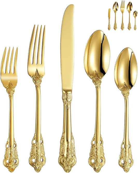 KEAWELL Luxury 65-Piece Flatware Set, 18/10 Stainless Steel Tableware, Service for 12, Antique Baroque Gold-Plated Silverware Set (Gold)