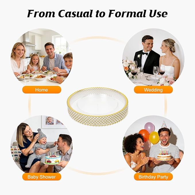 25 Pcs Clear Acrylic Round Charger Plates with Gold Trim Plastic Charger Plate Bulk for Dinner Table Plate for Parties Wedding Décor Placemats,13 Inch (25pcs-Gold-1)