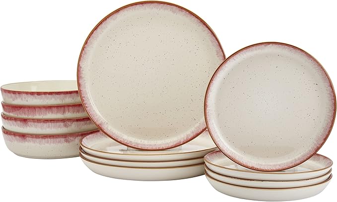 Tabletops Gallery Speckled Farmhouse Collection- Stoneware Dishes Service for 4 Dinner Salad Appetizer Dessert Plate Bowls, 12 Piece Hanover Dinnerware Set in Berry