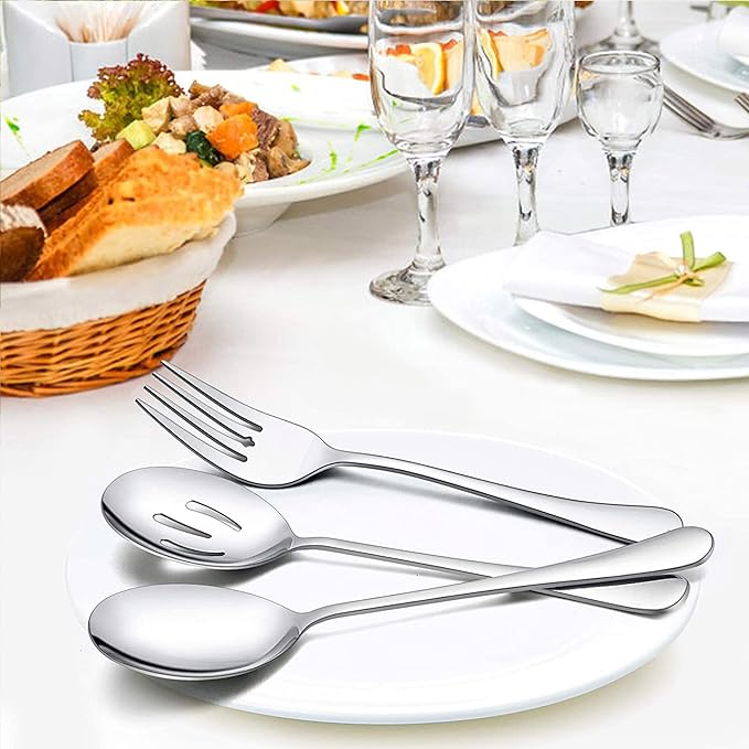 LIANYU 5-Piece Stainless Steel Serving Utensils Set Include Serving Spoon Fork, Flatware Serving Pieces for Buffet Catering, Mirror Finish, Dishwasher Safe