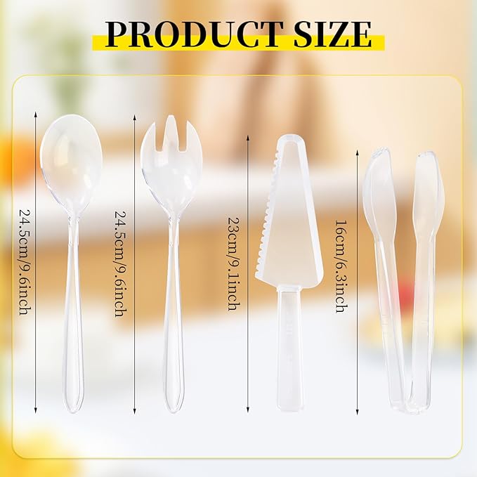 32 Pcs Disposable Plastic Serving Utensils Set with 8 Pcs 9.7" Spoons Forks, 8 Pcs 9.5" Knives, and 8 Pcs 6.3" Tongs for Serving Food, Cake, Birthday Party, Buffet, and Cutlery (Clear)