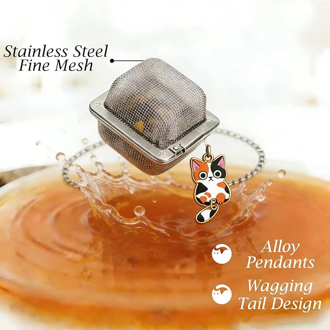 Cat Tea Infuser Set, 2PCS Cubic Loose Leaf Tea Steeper Reusable Stainless Steel Mesh Bags, Cute Tea Strainer with Wagging-Tail Cat Charms (Tuxedo & Calico)