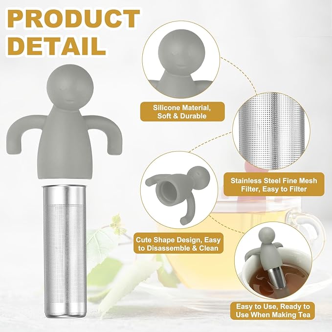 uxcell 2 Pcs Cute Tea Infuser, Stainless Steel Loose Leaf Tea Steeper Filter with Silicone Handle Reusable Thin Pores Mesh Strainer Diffuser for Teacups Teapots Mugs, Light Gray