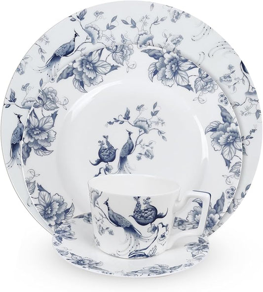 ceramic plate set for 4, 24 piece bone china dinnerware set, blue and white floral bird porcelain dishes sets for wedding, housewarming, hotel