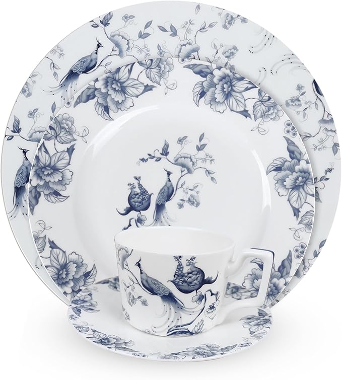 ceramic plate set for 2, 8 piece bone china dinnerware set, blue and white floral bird porcelain dishes sets for wedding, housewarming, hotel