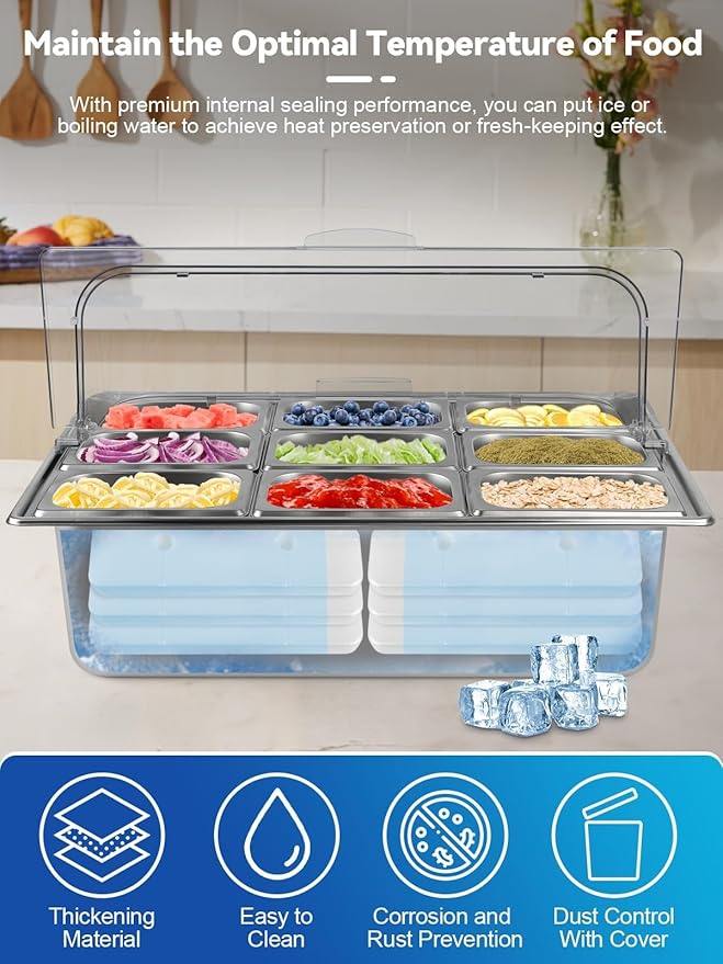 Kalolary Pizza Topping Storage Station, Stainless Steel Condiment Containers with Flip Lids Spoons Ice Box Food Tongs Ice Food Serving Display Container Salad Bar Buffet Station for Home Kitchen Party