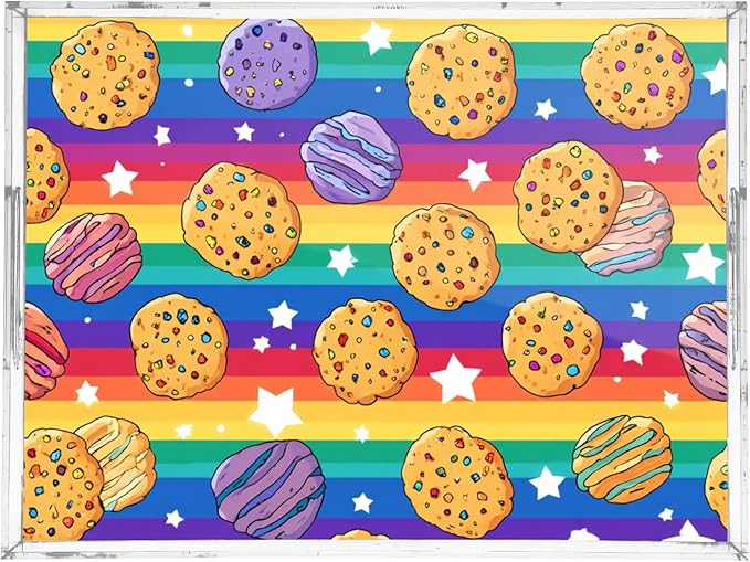 Serving Tray with Handles Clear Acrylic Tray 12x16 Inch Decorative Rectangular Tray Organizer for Ottoman Coffee Table Bathroom Rainbow Stripes Cookies Stars