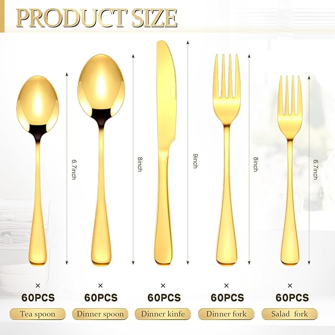 Dandat 300 Pcs Gold Silverware Set Stainless Steel Set with Dinner Forks Knife Spoon Dessert Forks Steak Knives Cutlery Flatware for 60 Guest Wedding Dinner Party Restaurant Home Holiday Party