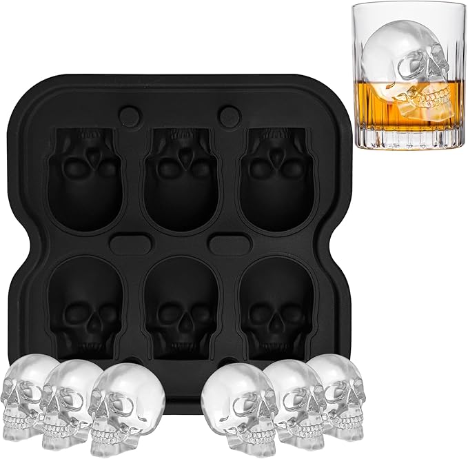 Skull Ice Cube Mold,JLMIH 6-Cavity Silicone Skull Ice Tray Fun Shapes for Halloween& Party Drinks,Whiskey, Cocktail, Bar,Easy Release & Dishwasher Safe