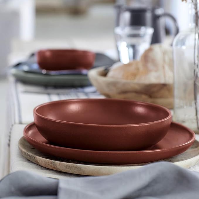 Casafina Ceramic Stoneware 18-Piece Place Setting Service for 6 with Pasta Bowls - Pacifica Collection, Cayenne | Microwave & Dishwasher Safe Dinnerware Set | Food Safe Restaurant Quality Tableware