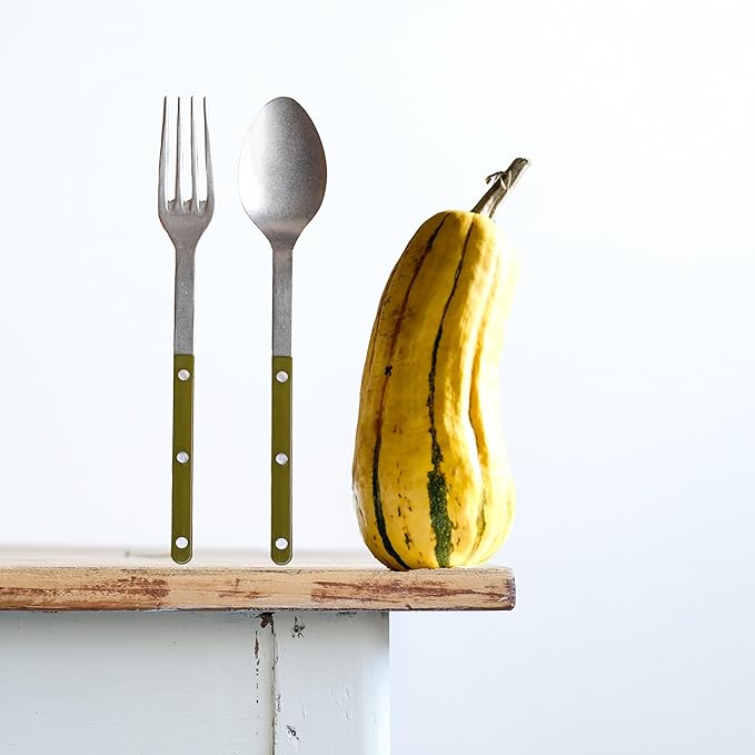 SABRE PARIS - 2-Piece Serving Set - Bistrot Vintage Collection - Large Fork & Large Spoon - Stainless Steel & Nylon - Dishwasher Safe - Fern Green - Mat Finish
