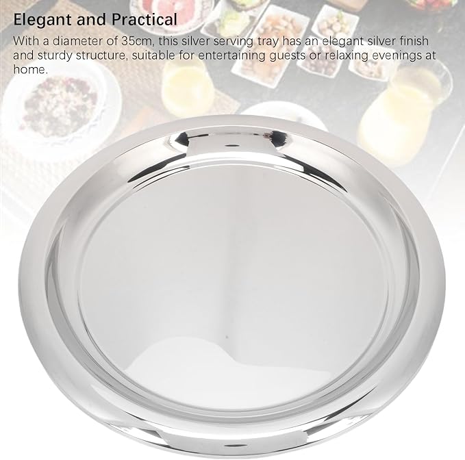 Fockety Round Serving Tray, 13.78in Large Round Stainless Steel Decorative Tray, Mirror Polished Metal Silver Food Serving Platter for Drinks, Bar, Cafeteria, Hotel, Coffee Table