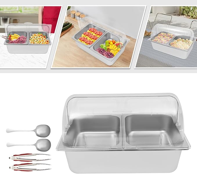 2 Pans Ice Food Serving Display Container w/Clear Roll Top Cover, Stainless Steel Serving Tray Catering Supplies Buffet Display Condiment Dispenser Plate Case for Restaurant Hotel Kitchen