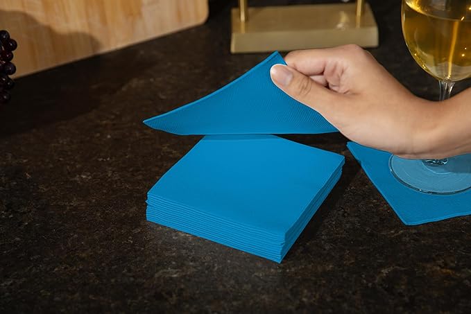 AMERICAN HOMESTEAD Cocktail Napkins - Premium 4.75"x4.75" Disposable Linen-Like Beverage Napkins - Bulk Square Party Bar Serviettes for Weddings, Parties, Events, and Daily Use - 100 Count - Sea Blue