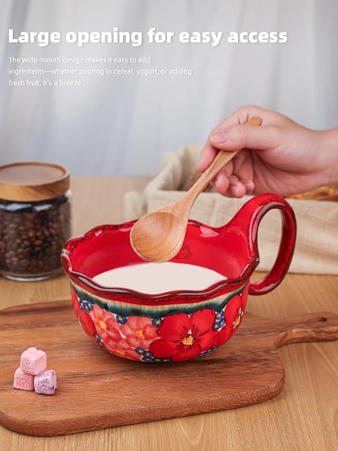 silesia Handmade Ceramic Soup Bowl, 30 oz Hand Painted Bowl with Loop Handle, Floral Design Cereal Bowl for Soup, Ice cream, Snack, Microwave & Dishwasher Safe (Glazed Red)