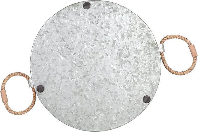 Round Serving Tray – Santorini Collection Set of 2 Decorative Trays – Blue and White Ottoman Tray with Natural Jute Handles – Galvanized Iron Trays for Coffee Table, Liquor Display, Decor