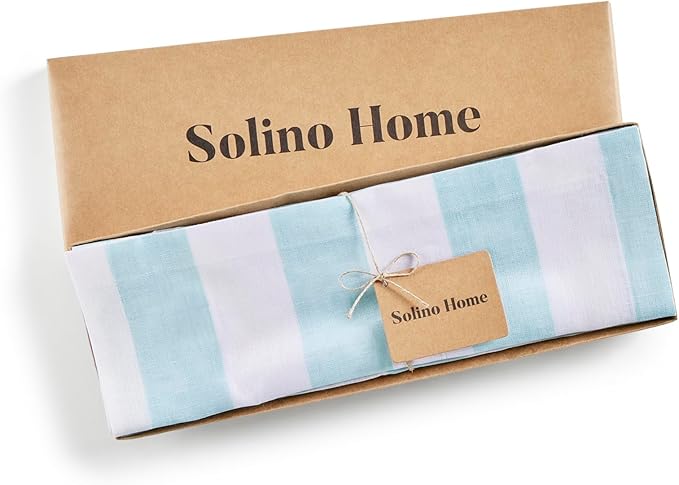 Solino Home Linen Cloth Placemats Set of 4 - Cabana Stripe 100% Pure Linen Aqua and White Farmhouse Placemats 14 x 19 Inch