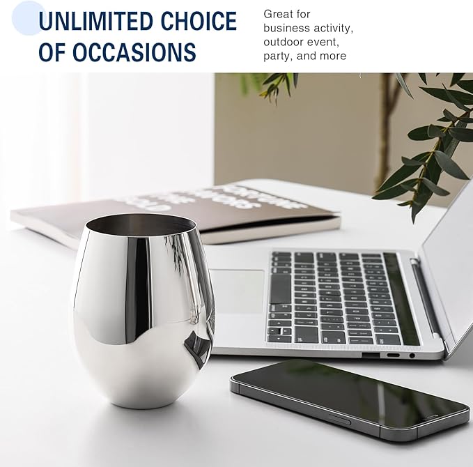 WOTOR Stemless Stainless Steel Wine Glasses Set of 4, 18oz Unbreakable Metal Wine Glass, Fancy, Unique Wine Goblets for Outdoor, Travel, Camping and Pool, Ideal Gift for Wine Lovers (Silver)
