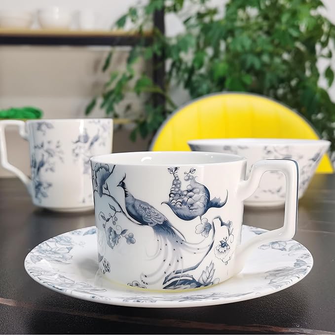 ceramic plate set for 2, 8 piece bone china dinnerware set, blue and white floral bird porcelain dishes sets for wedding, housewarming, hotel