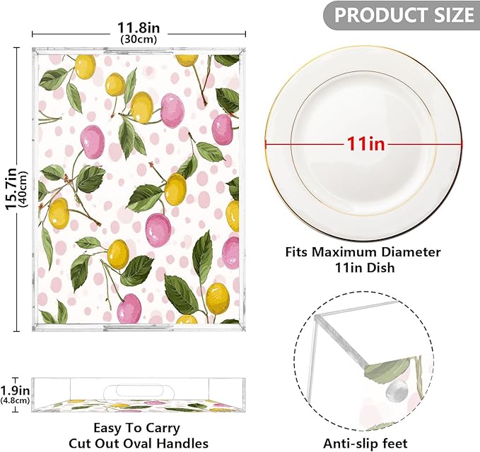 Serving Tray with Handles Clear Acrylic Tray 12x16 Inch Decorative Rectangular Tray Organizer for Ottoman Coffee Table Bathroom Cute Cherry Pink Dots