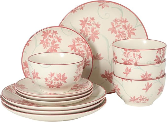 Gibson Home Admiral Hall 12-Piece Matte Stoneware Dinnerware Set – Dinner Plates, Salad Plates & Bowls with Pink Floral Pattern, Durable Everyday Dish Set, Microwave & Dishwasher Safe