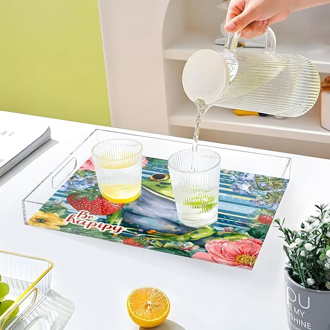 Serving Tray with Handles Clear Acrylic Tray 12x16 Inch Decorative Rectangular Tray Organizer for Ottoman Coffee Table Bathroom Cute Blue Striped Frog Floral Strawberry