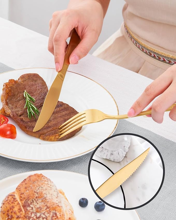 24-Pieces Matte Gold Silverware Set with Steak Knives,Stainless Steel Flatware Set,Cutlery Set Service for 6, Tableware Kitchen Utensil Set,Dishwasher Safe
