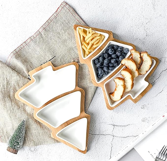 10.8 Inch White Snack Appetizer Trays Set, Small Christmas Tree Dessert Serving Dishes, Snack Platter, 3 pcs Removable White Porcelain Plates with Bamboo Tree Tray