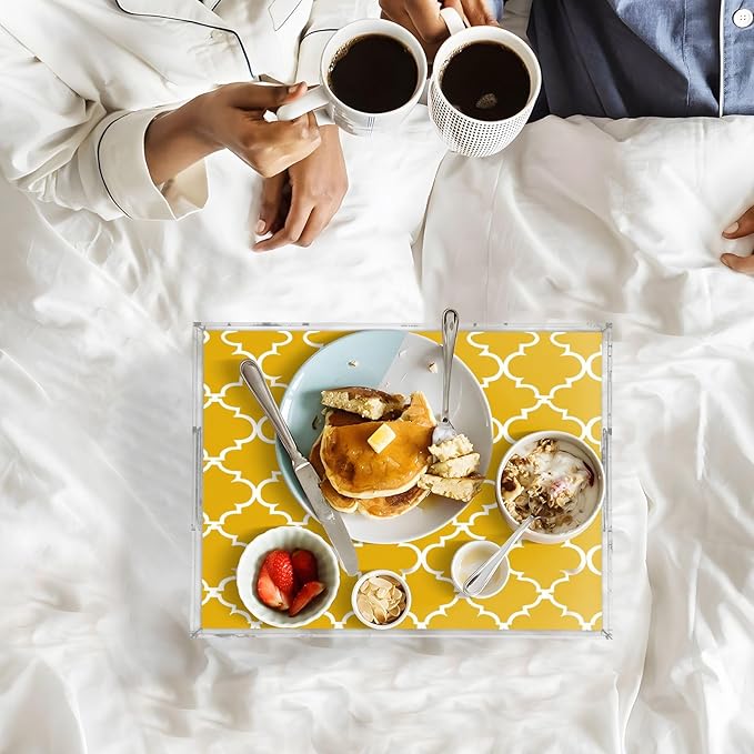 Serving Tray with Handles Clear Acrylic Tray 12x16 Inch Decorative Rectangular Tray Organizer for Ottoman Coffee Table Bathroom Yellow Quatrefoil