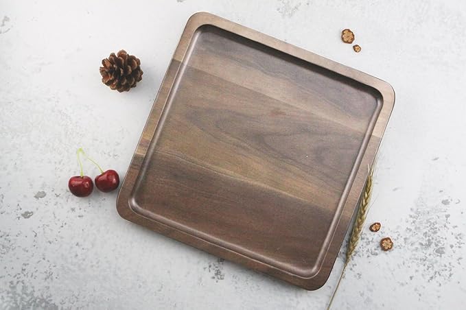 Winterworm Rustic Walnut Wooden Tray Solid Wood Serving Tray Square Rectangle Platter Tea Tray Coffee Table Tray (Large Square with Grooves（11x11x1inch）)