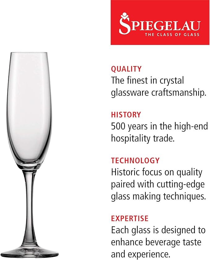 Spiegelau Wine Lovers Champagne Flutes, Elegant Crystal Champagne Glasses Gift Set, Perfect for Prosecco, Sparkling Rose, Mocktails, Home Bar Accessories, Housewarming, Wedding Gifts, 6.7 oz, Set of 4