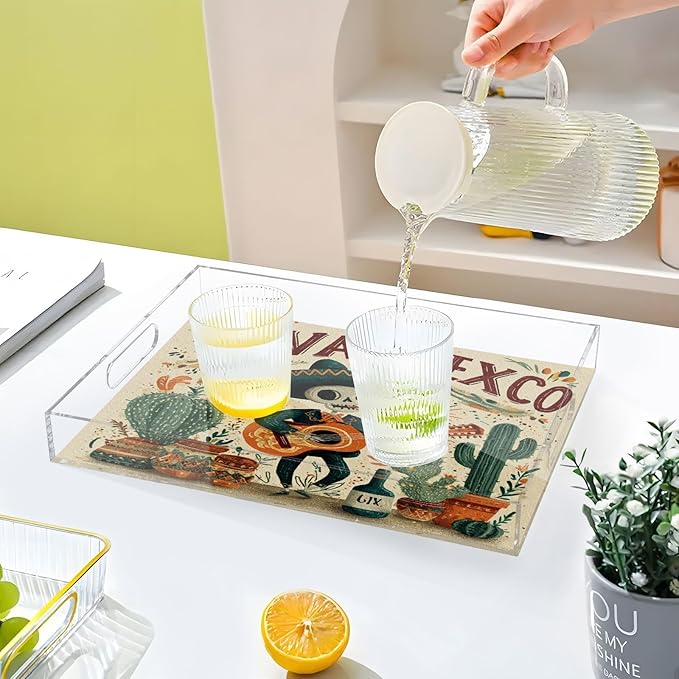 Serving Tray with Handles Clear Acrylic Tray 12x16 Inch Decorative Rectangular Tray Organizer for Ottoman Coffee Table Bathroom Mexico Skull Guitar Cactus Beige