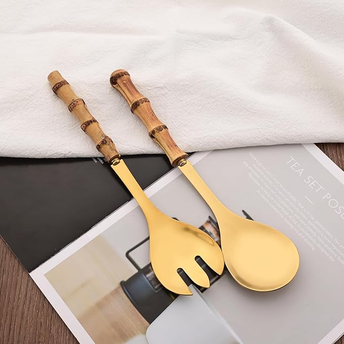 Stainless Steel Flatware Set, Bamboo Handle Silverware Set, Reusable Eating Utensils for Home Kitchen and Restaurant, Modern Gold Cutlery Set, 4 Pieces Serving Utensil
