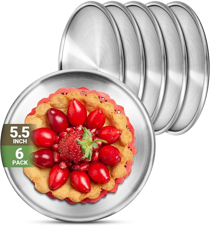 Stainless Steel Plates, 6 Pack 5.5 inch 304(18/8) Metal Food Serving Plate Set, Reusable Snack Eating Dishes Round Shatterproof Plate Silver Dinnerware for BBQ Dinner Oven Dishwasher Safe