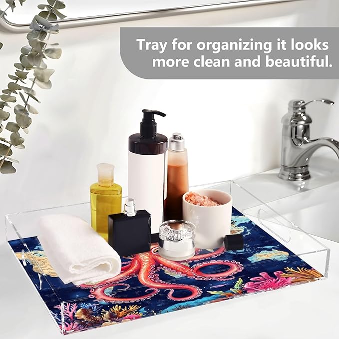 Serving Tray with Handles Clear Acrylic Tray 12x16 Inch Decorative Rectangular Tray Organizer for Ottoman Coffee Table Bathroom Blue World Map and Octopus