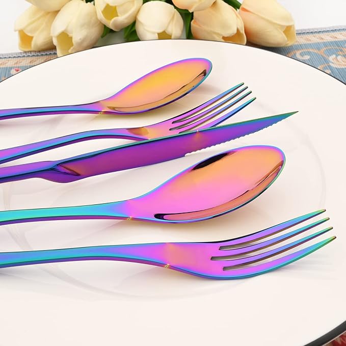 24-Piece 304 Silverware Set, Mirror Polish Serving Flatware Cutlery Set Include Steak Knife Fork Spoon, Wedding Kitchen Restaurant Utensils Daily Use, Service For 4, Rainbow