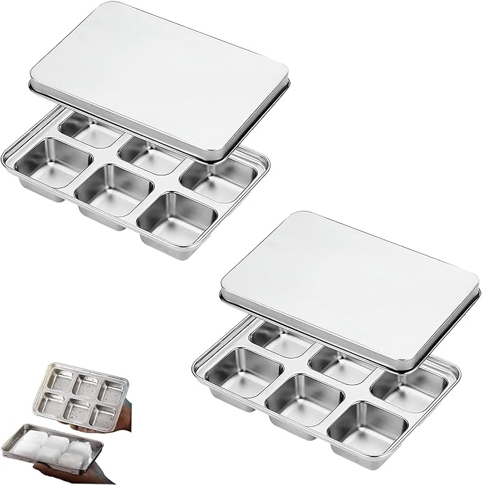 Stainless Steel Ice Cube Trays with Lid, Easy Release Durable Metal Ice Mold for Freezer, Ideal for Whiskey, Cocktails & Drinks (2 Pack)