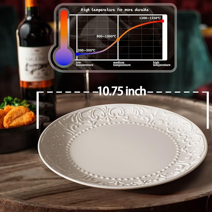 Large Dinner Plates Set of 4-10.75 Inch Ceramic Plates Embossed Salad Plates Modern White Round Serving Dishes for Kitchen - Microwave, Oven and Dishwasher Safe (Brocade Flower)