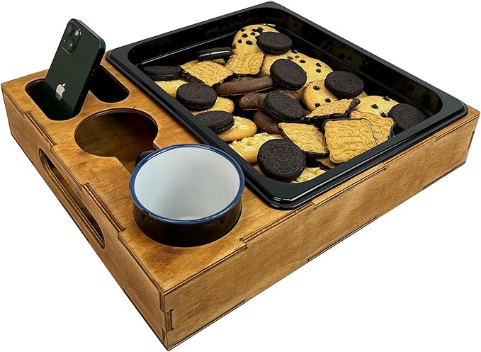Wooden Serving Tray with Cup Holder - Coffee Table Rustic Cookie Caddy – Drink Tray - Couch Organizer - Ottoman Stand Caddy for Food - Snack Holder for Movie and Game Nights