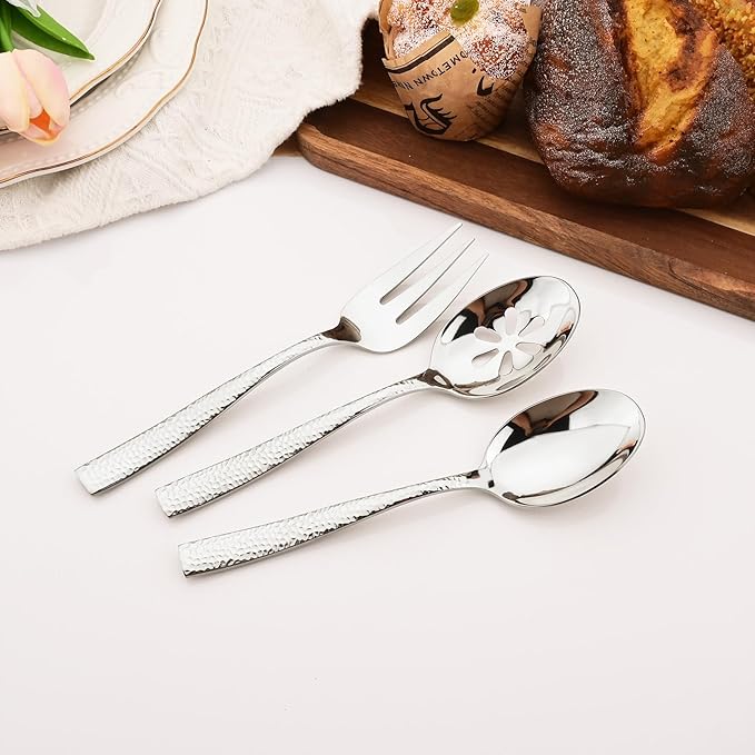 6 PCS Hammered Serving Utensils, Uniturcky Stainless Steel Serving Spoons Set, Square and Thick Hostess Serving Set, Includes 2 Serving Spoon 2 Serving Fork and 2 Slotted Spoon, Mirror Silver