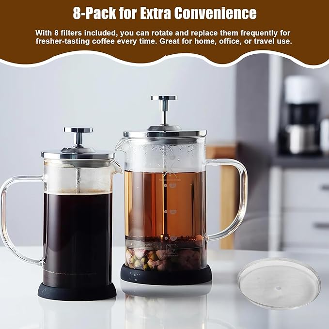 French Press Replacement Filters Stainless Steel Mesh Screen Universal 1000 ml, 34 Oz, 8 Cup Coffee & Tea Makers (8 PACK)
