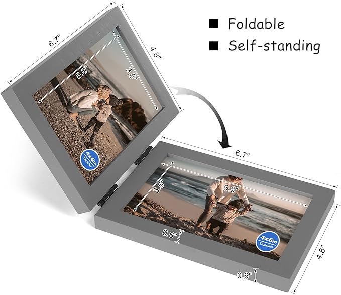 4x6 Double Hinged Picture Frame Folding Photo Frame Vertical and Horizontal in Gray Pine Wood with Real Glass for Tabletop P-HUI-SH46