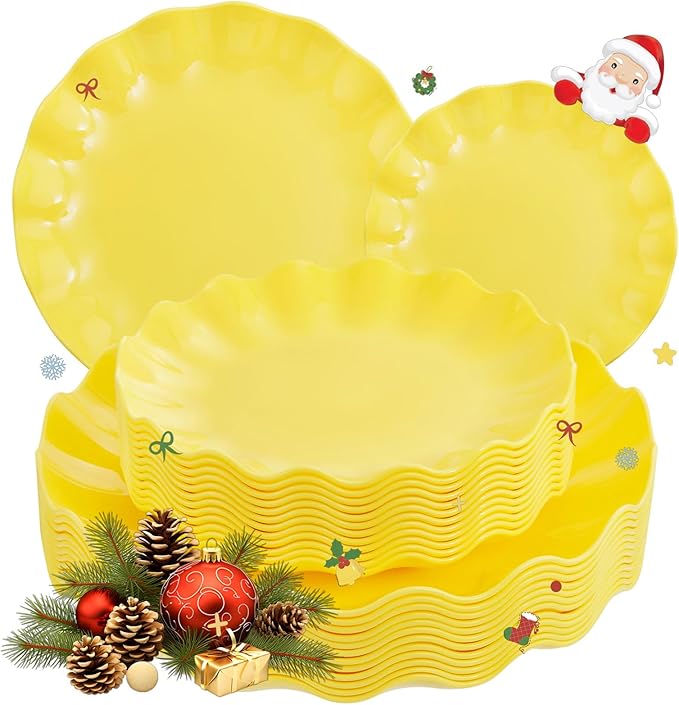 LIYH 24 Pcs Yellow Plastic Plates Reusable, Unbreakable Dinner & Salad Plate, Microwave & Dishwasher Safe, Scalloped Reusable Plastic Plates for Party, Birthday, Picnics (12Guests)