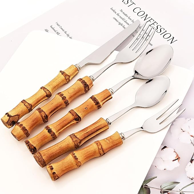 8pcs Silver Teaspoon, Stirring Spoon Bamboo Handle Ice Cream Spoon, Coffee Tea Spoon Set, Food Grade 18/10 Stainless Steel Tablespoons, 6.3-inch