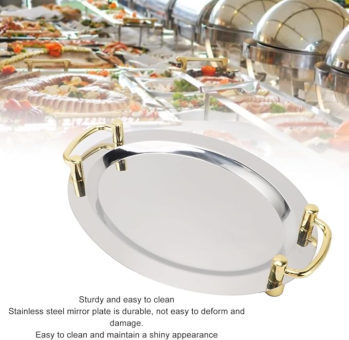 Stainless Steel Serving Tray, Multifunction Portable Metal Serving Tray with Handle, Buffet Serving Snack Tray for Coffee, Desserts, Cakes, (Rectangle Shape with