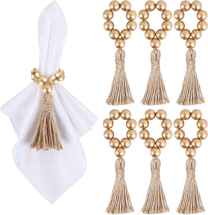 Meplait 6-Piece Wooden Bead Napkin Rings - Farmhouse Stretchable Napkin Rings with Tassel Boho Design for Dining Table & Wedding Decoration (Gold)
