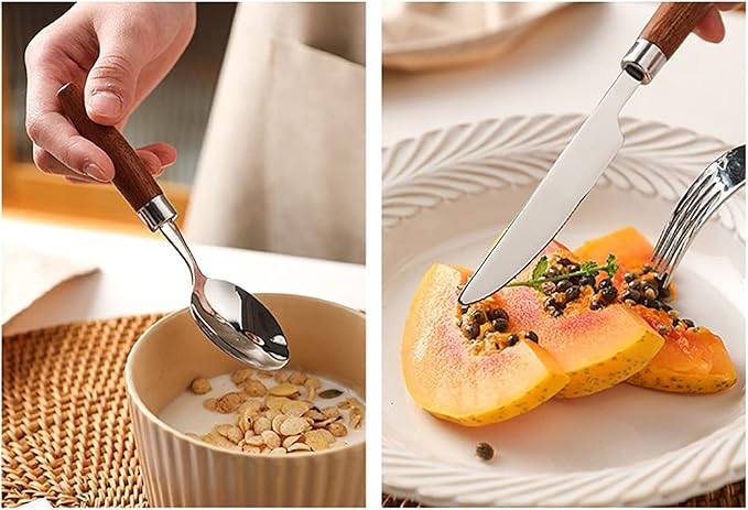 Wood Silverware Set for 16 Premium 18/10 Stainless Steel Flatware Set 64 Piece Wooden Cutlery Tableware Utensils Modern Knives Forks and Spoons Set for Home Kitchen Wedding Restaurant