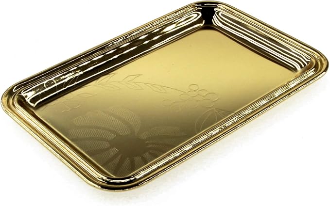 (Pack of 4) 7 inch x 4.7 inch Rectangular Iron Gold Plated Mirror Serving Tray Floral Engraved Decorative Party Birthday Wedding Buffet Wine Decor Platter Plate Base Dish CC-1155