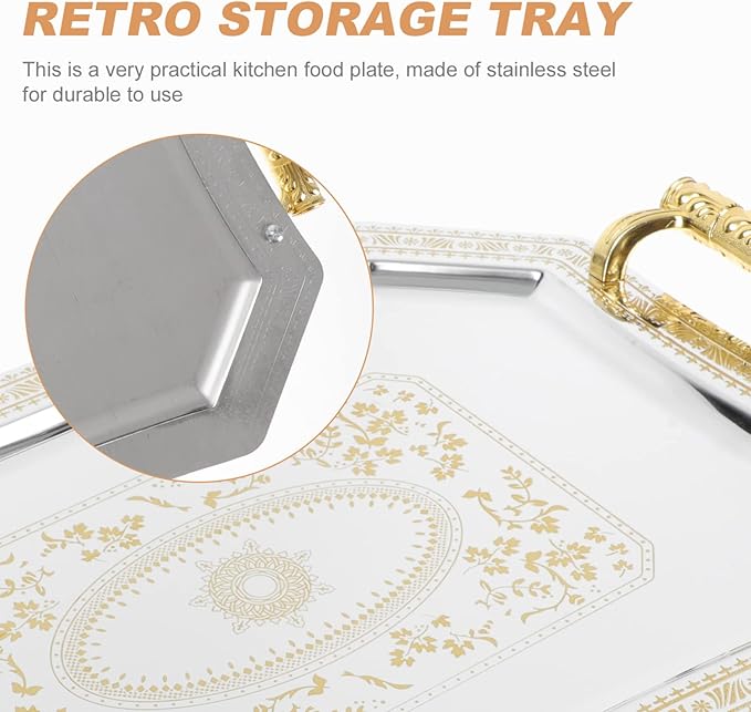 Serve Tray for Coffee Table Dresser Organizer Serveware Platter Jewelry Dish with Gold Polished Metal Handles Vintage Decorative Plates Perfume Living Room Kitchen Serving Tray